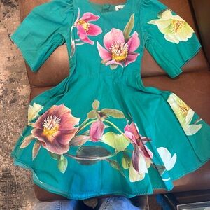 Molo Teal Floral Fit-and-Flare Dress with Pink and Yellow Blooms